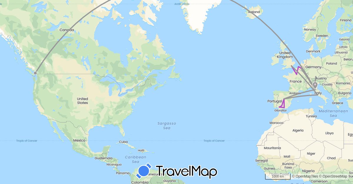 TravelMap itinerary: driving, plane, train in Belgium, Canada, Germany, Spain, France, United Kingdom, Italy (Europe, North America)